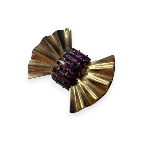Walter Lampl 12K Gold Bow Brooch With Amethyst Accents Vintage 1940s Jewelry - Picture 3 of 6
